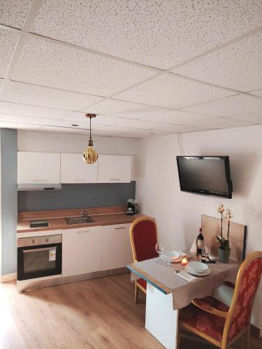 Il comprend une cuisine avec une table et une télévision au plafond. dans l'établissement T3 N8 Appartement Hôtel Combes, à Amélie-les-Bains-Palalda