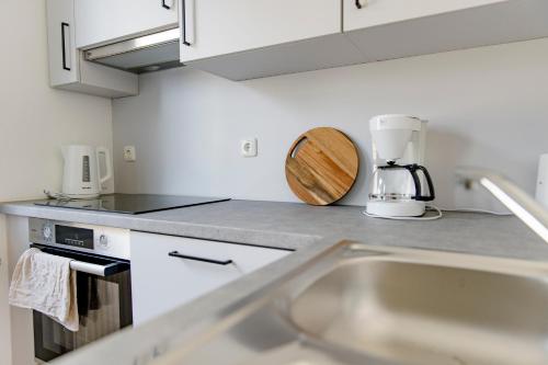 a kitchen with a sink and a counter top at Leopold's Apartments mit Garten und Vesteblick Mitten in Coburg in Coburg