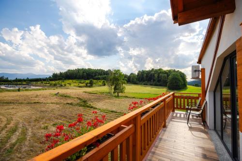 a balcony with a view of a field with red flowers at Mazurkowa - z widokiem na Karkonosze i Śnieżkę, darmowy parking, obok restauracja Mazurkowa Chata in Jelenia Góra