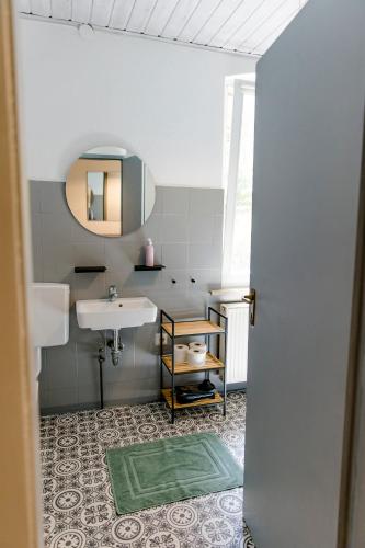 a bathroom with a sink and a mirror at Leopold's Apartments mit Garten und Vesteblick Mitten in Coburg in Coburg