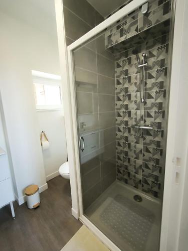 une salle de bain avec une douche avec une porte vitrée dans l'établissement Le Ti'Gascon, à Auch