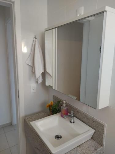 a bathroom with a sink and a large mirror at Praia canavieiras in Florianópolis