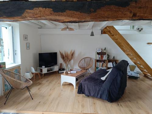 a living room with a bed and a tv at Gîte 4 étoiles la Garçonnière in Reugny