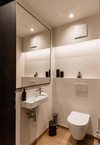 a bathroom with a toilet and a sink and a mirror at Genießen Sie Bergblick & Sauna im modernen Chalet in Going