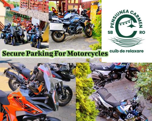 a collage of pictures of motorcycles parked on the street at Pensiunea Carmen - Bikers Friendly Nest in Sibiu