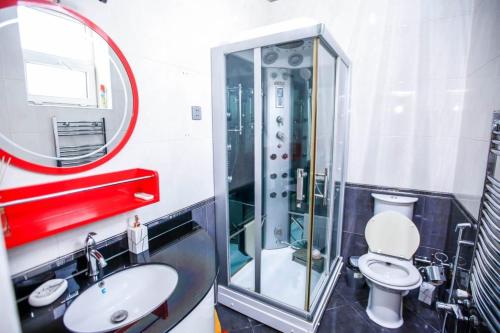 a bathroom with a shower and a toilet and a sink at Villa near Nizami Street in Baku