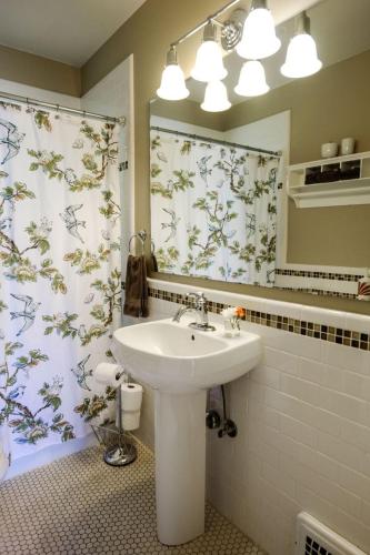 a bathroom with a sink and a mirror at Bluebird Day - Riverside Cottage in Bend