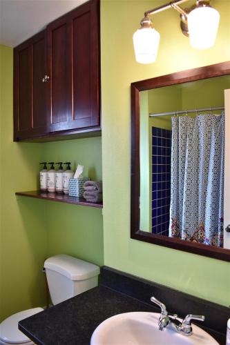 a bathroom with a sink and a mirror at Bluebird Day - Jefferson Cottage in Bend