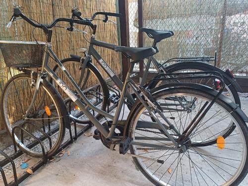 two bikes are parked next to a fence at Hotel Rigel in Venice-Lido