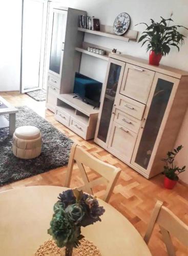 a living room with a table and some chairs at Dijana apartman in Tomičići