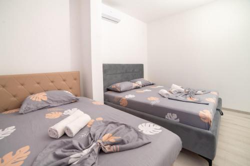two beds sitting next to each other in a room at Rine Apartments in Ulcinj