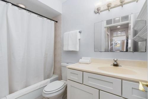 a bathroom with a sink and a toilet and a mirror at Casa Historia Sleek 2B apt UNIQUE spot downtown in Fort Myers