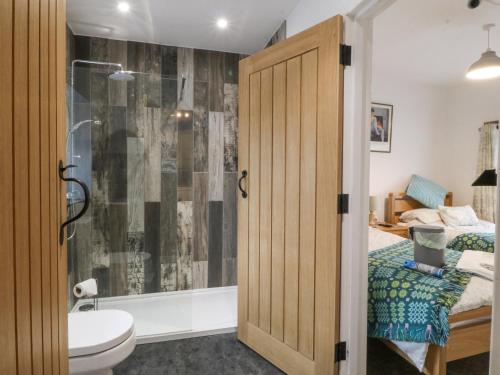 a bathroom with a shower and a toilet and a sink at Penrallt in Betws-y-coed