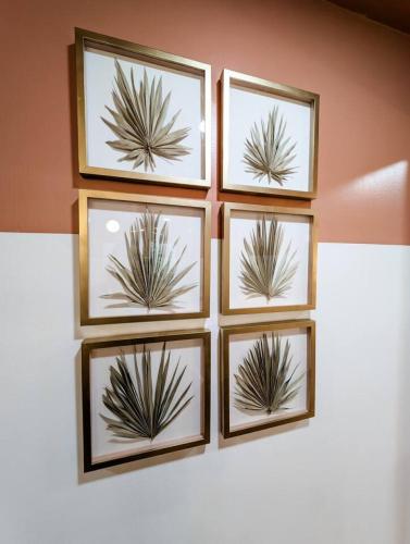a group of four framed plants on a wall at The Flamingo Suite 1 King in Columbia
