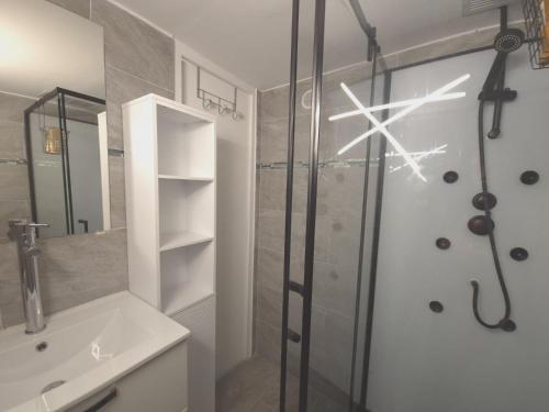 une salle de bain avec douche et lavabo dans l'établissement cosy t-3 proche velodrome,plages idéalement situé, à Marseille