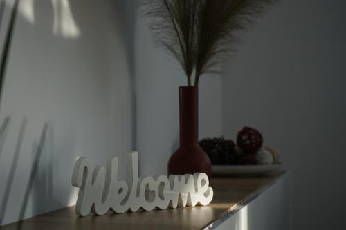 a vase sitting on top of a shelf with a plant at Mirandis Apartments - Modern Stays with Free Parking near Coresi Mall in Braşov