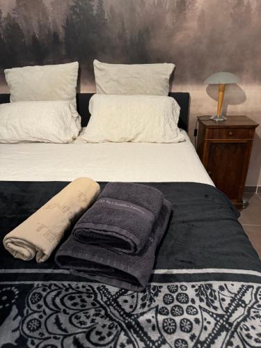 - un lit avec 2 oreillers et des serviettes dans l'établissement La Maison de Luna, à Saint-Rémy-de-Provence