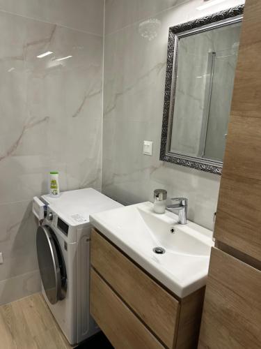 Un baño con lavabo y lavadora. en Majestic Old Town Apartments, en Bratislava