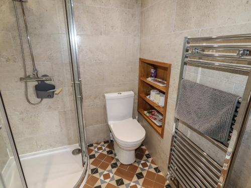 a bathroom with a toilet and a shower at Town End Barn in Bradwell