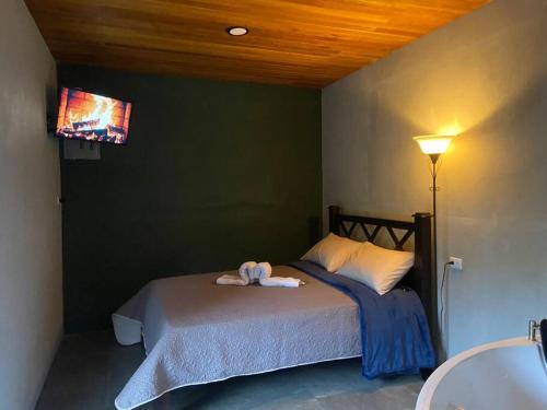 a bedroom with a bed with a tv on the wall at Chalet Luna y Miel in Dulce Nombre