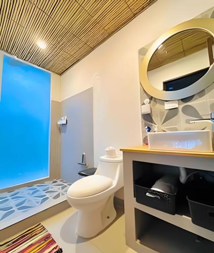 a bathroom with a toilet and a mirror at Nirvana Beach Home in Paraíso