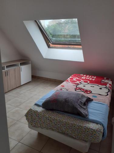 - une chambre avec un lit et une fenêtre mansardée dans l'établissement Appartement prés du Park de champigny sur Marne, à Champigny-sur-Marne
