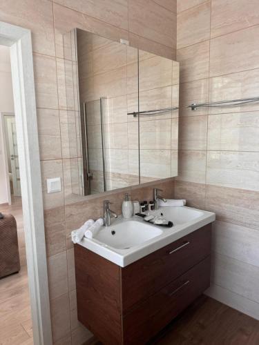 a bathroom with a sink and a mirror at Apartmán RUŽA in Ružomberok