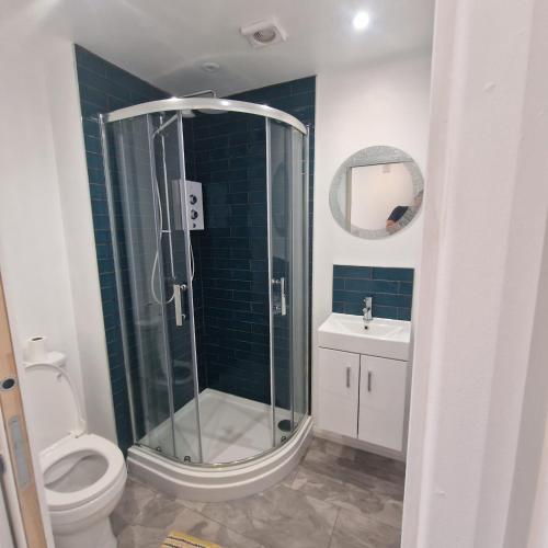 a bathroom with a shower and a toilet and a sink at Quiet Location next to CMK in Milton Keynes
