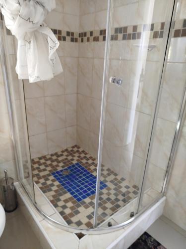 a shower with a glass door and a checkered floor at Shalakwe Hills-Inn Guesthouse Kasane in Kasane