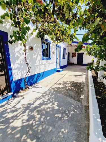 a blue and white building with a tree in front of it at Casa dos Martelitos in Santiago de Montalegre