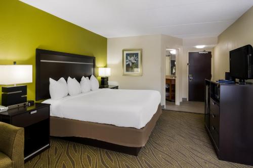 a hotel room with a large bed and a television at Comfort Inn in Cadillac