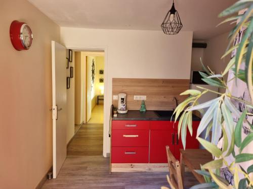 une cuisine avec des placards rouges et un comptoir rouge dans l'établissement Casa Sereno - Appartement avec piscine chauffée et couverte, à Saint-Laurent-du-Pape