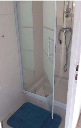une douche avec une porte en verre et un tapis bleu dans l'établissement Maison entre lac et montagnes, à Saint-Ferréol