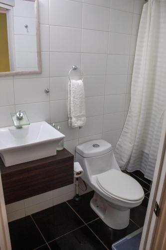 a bathroom with a white toilet and a sink at Hostal Casa Alegre in Valparaíso