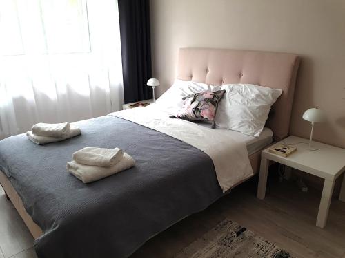 a bedroom with a large bed with two pillows on it at Mieszkanie dla całej rodziny in Łódź