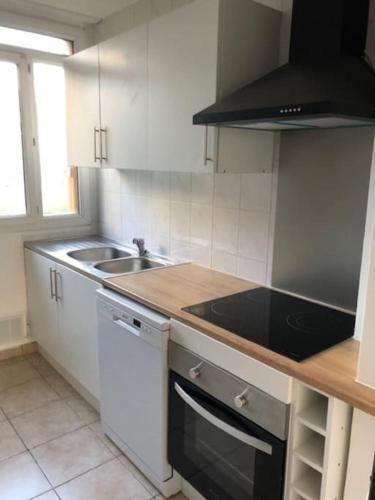 une cuisine avec un évier et une cuisinière four supérieur dans l'établissement bel appartement rénové et confortable, à Savigny-sur-Orge