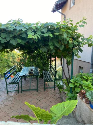 a patio with two benches and a table under a tree at Stan na dan Kaan in Sarajevo