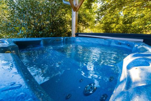 a blue hot tub with trees in the background at Home - Retour aux sources in Le Ménil