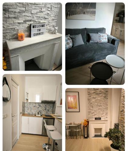 un collage de photos d'un salon et d'une cuisine dans l'établissement Cannes centre Studio neuf et calme, à Cannes