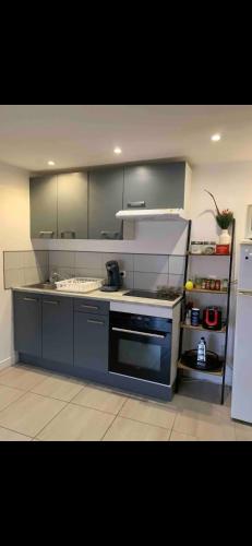 La cuisine est équipée de placards bleus et d'un four avec plaques de cuisson. dans l'établissement Le Terra, à Brignoles