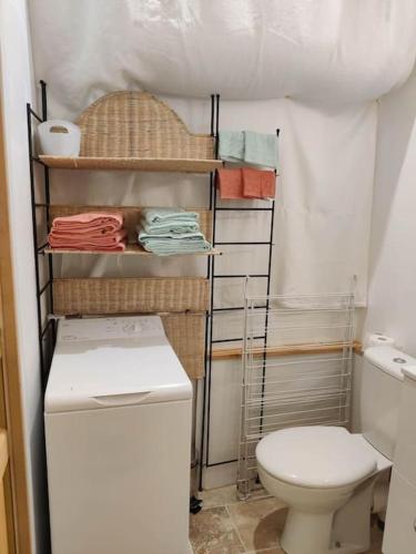 La petite salle de bains est pourvue de toilettes et de serviettes. dans l'établissement Studio indépendant, à Saint-André-de-Sangonis