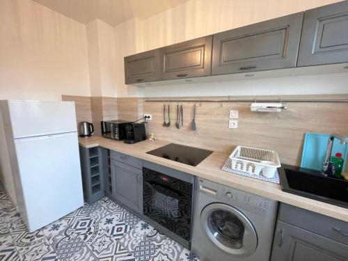 une cuisine avec une machine à laver et un évier dans l'établissement Centre ville Troyes - Le Voltaire, à Troyes