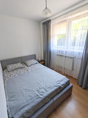 a bed in a bedroom with a large window at Apartament Jabłko-Mięta w Tymbarku in Tymbark