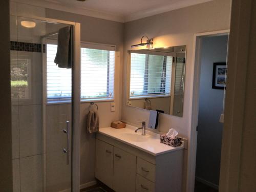 a bathroom with a sink and a shower and a mirror at Bethlehem Garden Retreat in Tauranga