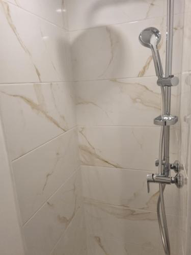 La salle de bains en marbre blanc est pourvue d'une douche. dans l'établissement Chambre privative rénové 2024, climatisation, tramway sur place , 12 min centre, 16 min plage, aperçu latéral mer, 2 wc avec 2 salle de bain, private room renovated 2024, air-conditioned , tram on spot, 2 toilets and 2 bathrooms, à Nice