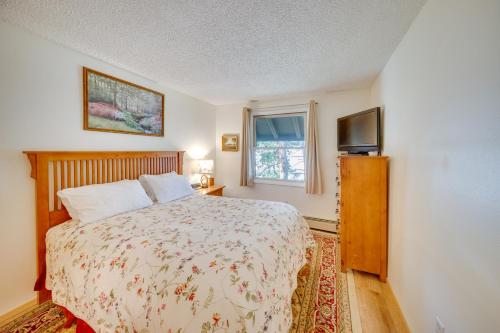 a bedroom with a bed and a television and a window at Near Hiking Renovated Breck Condo with Tennis Court in Breckenridge