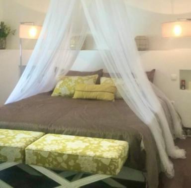a bedroom with a bed with a mosquito net at Sana Home in Amieira
