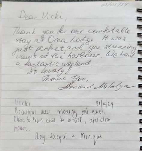 a letter from a person complaining about their handwriting at Orca Lodge in Raglan