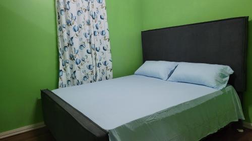 een bed in een groene slaapkamer met een wit matras bij AOS Rentals in Vreed en Hoop