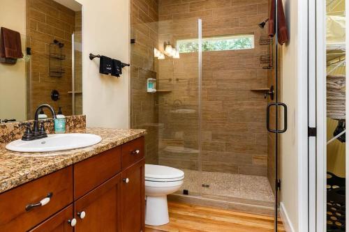 a bathroom with a shower with a toilet and a sink at River Rock Cabin - Comfortable, Private Home with King Beds & Mountain Views in Horse Shoe
